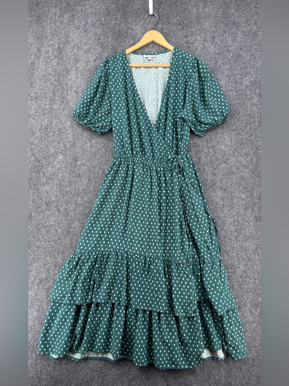 Knox Rose Green Tiered Ruffle Boho Cottagecore Wrap Dress Puff Sleeves Size XXL